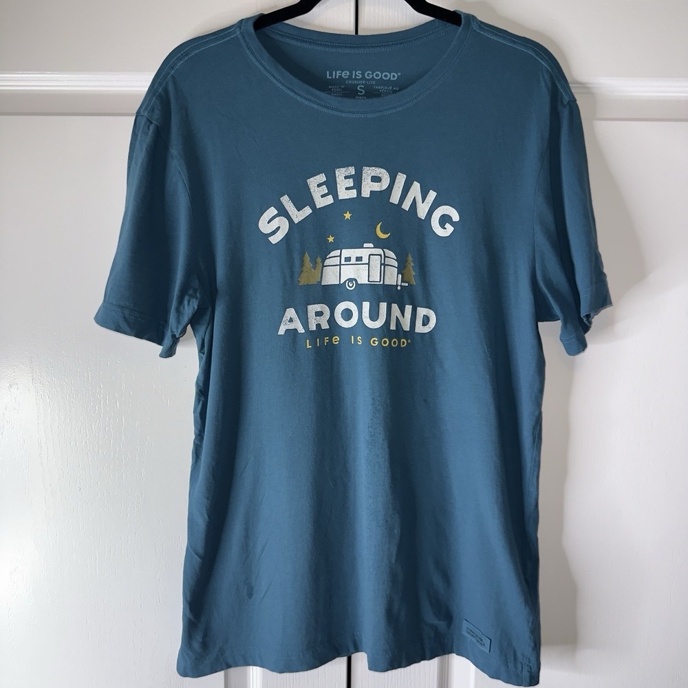 Life Is Good Shirt Mens Small Blue Sleeping Around Camping RV Funny Graphic Tee